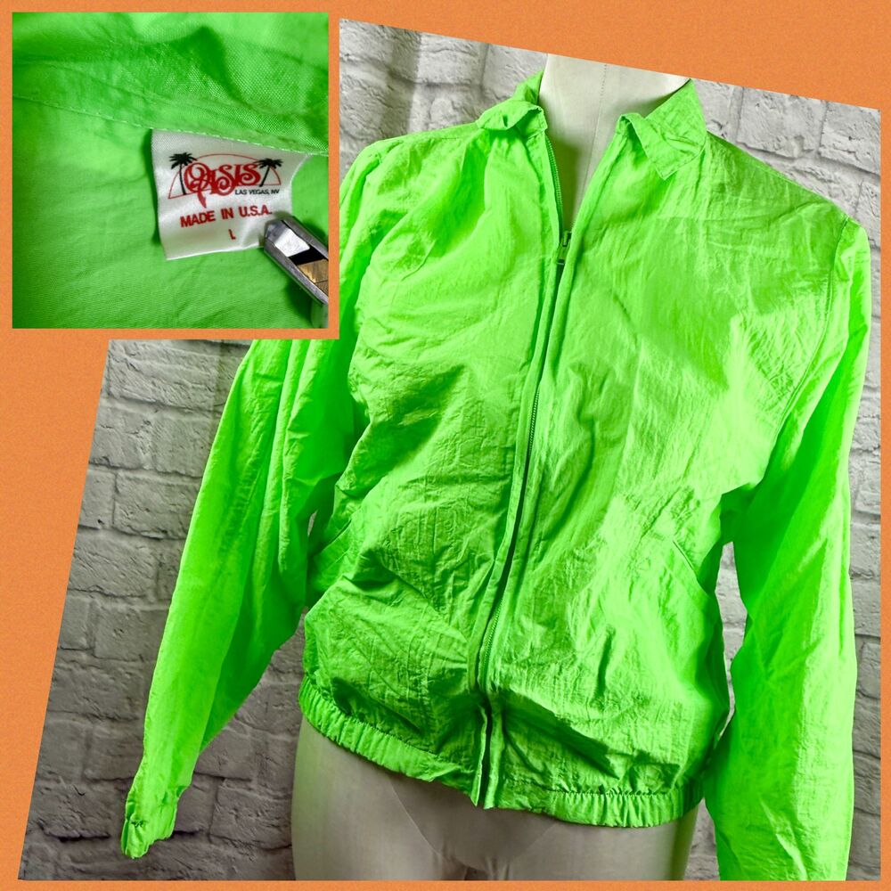 Vtg 80s Oasis Las Vegas Womens Large Windbreaker Neon Green Jacket Made In USA